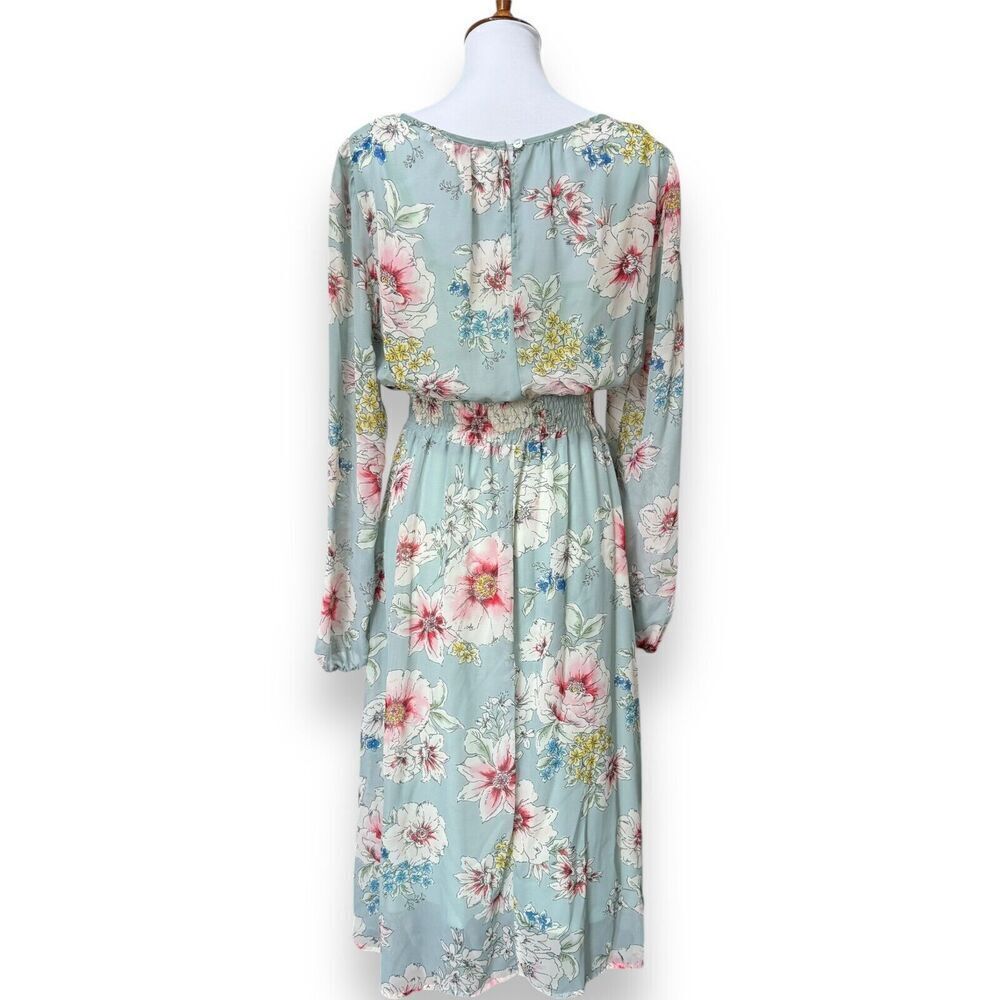 Louna Womens A Line Blouson Dress Blue Floral Long Sleeve Button Smocked Large - Picture 2 of 8
